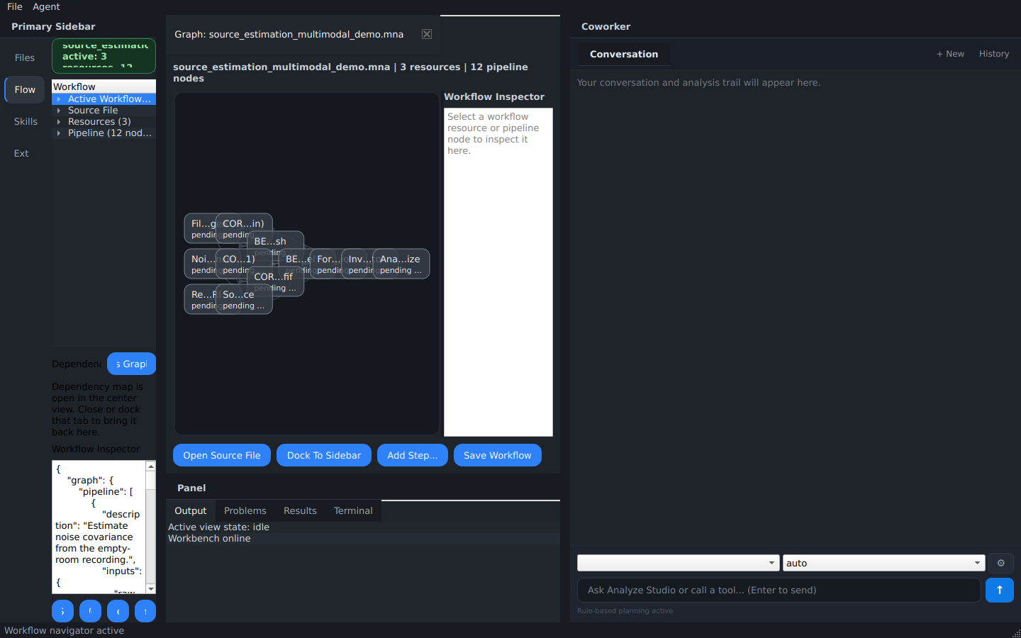 Workflow Map for source_estimation_multimodal_demo.mna showing the MEG/EEG and MRI branches converging at op_forward_solution and op_inverse_operator