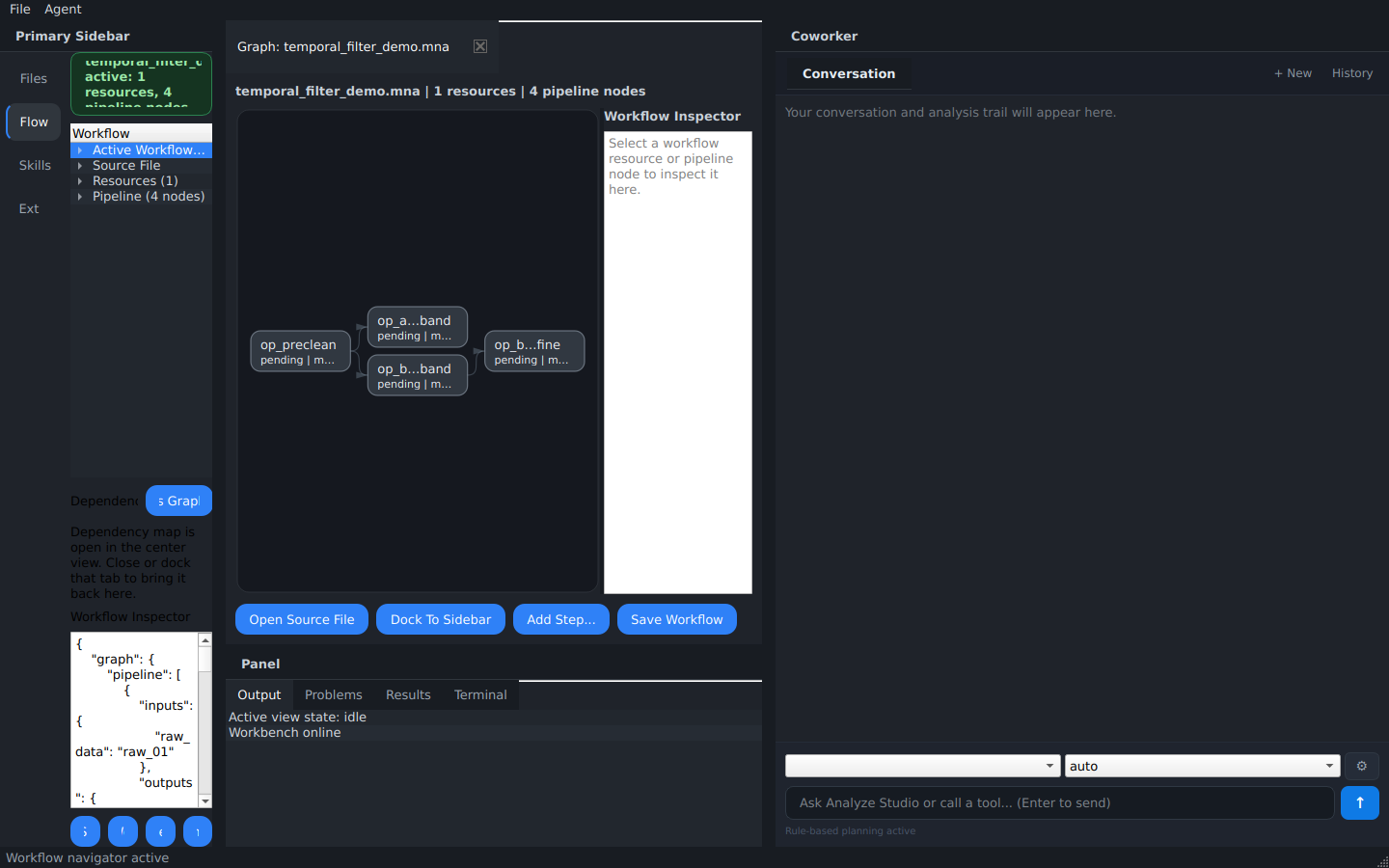 Workflow Map for temporal_filter_demo.mna with op_preclean fanning out to alpha and beta branches