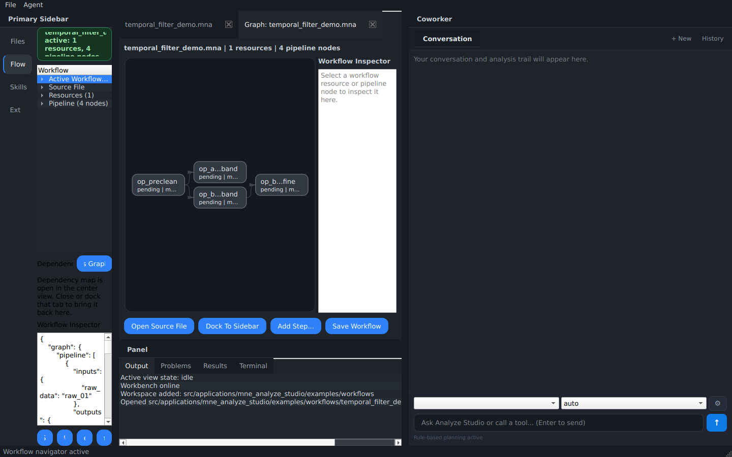 Full Workbench window with the Workflow Map and an MNA file open in an editor tab